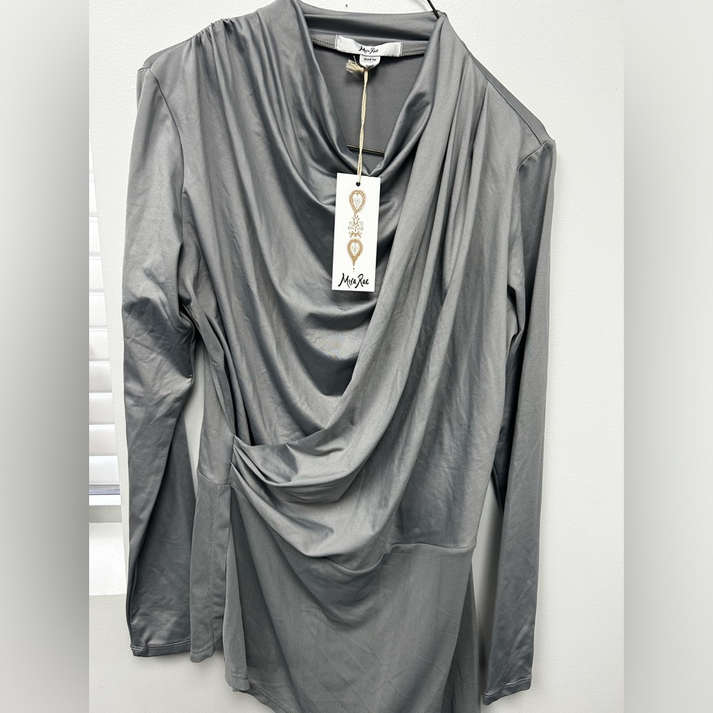 Elegant Gray Draped Long Sleeve Blouse